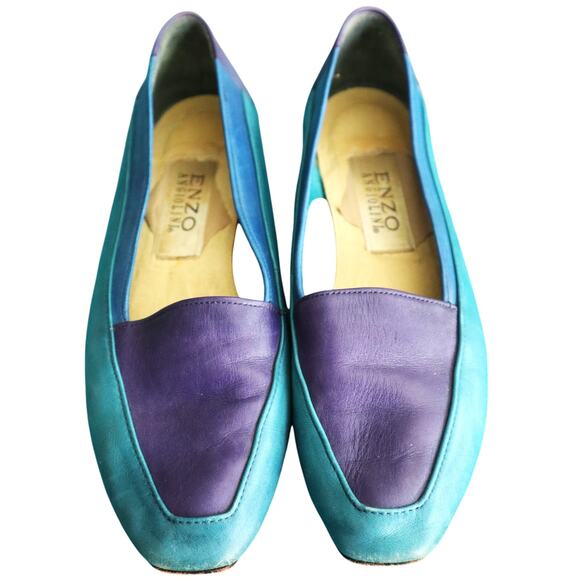 Vintage 80s Enzo Angiolini Colorblock Loafers Flat Blue Green Purple Womens 7 - Picture 1 of 6